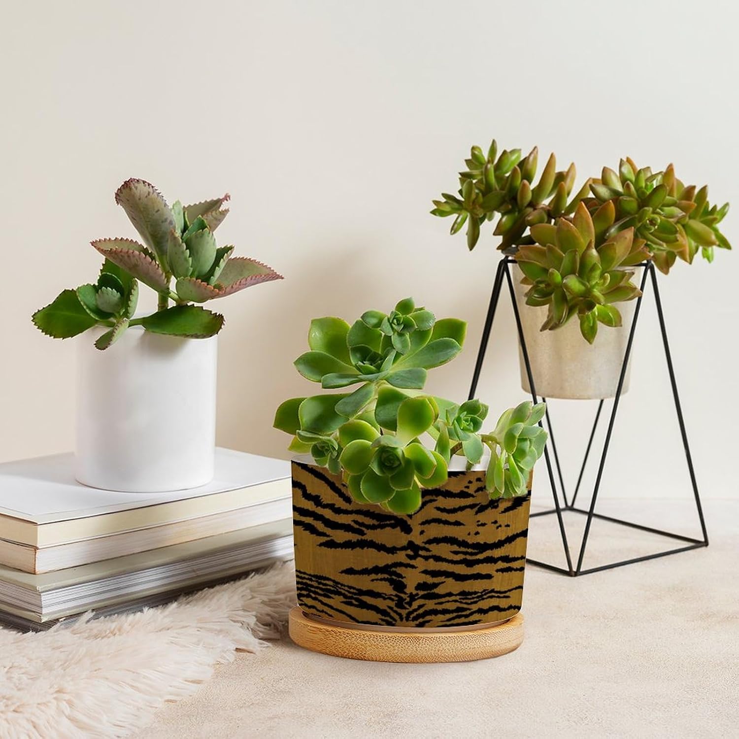 Tiger Fur Skin Ceramic Planters Animal Strip Print Planters for Indoor Plants with Drainage Holes and Saucers Pot for Home Office Desk Garden