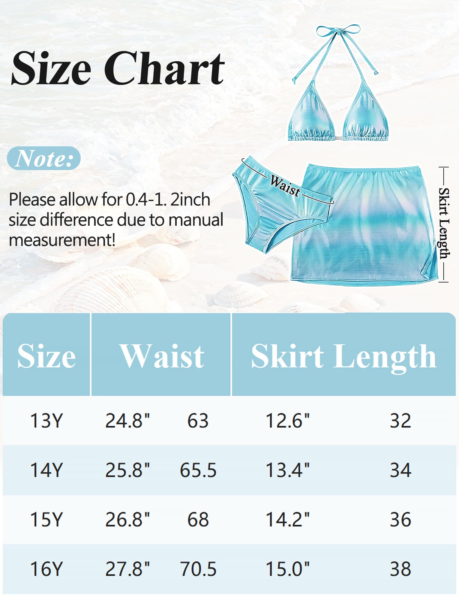 Happy Cherry Ragazze Costumi da Bagno Set Bikini Tre Pezzi Regolabili Triangolo Reggiseno Slip Gonna Costume Metallizzato Swimwear per Bambina 13-16 Anni