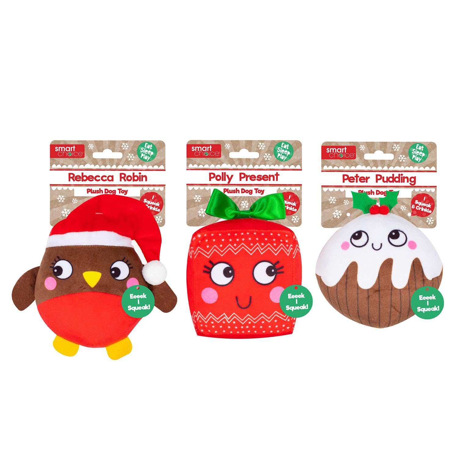 YöL Set Of 3 Plush Christmas Dog Toys Squeaker Crinkles Pet Puppy Gift Present Robin Xmas Pudding