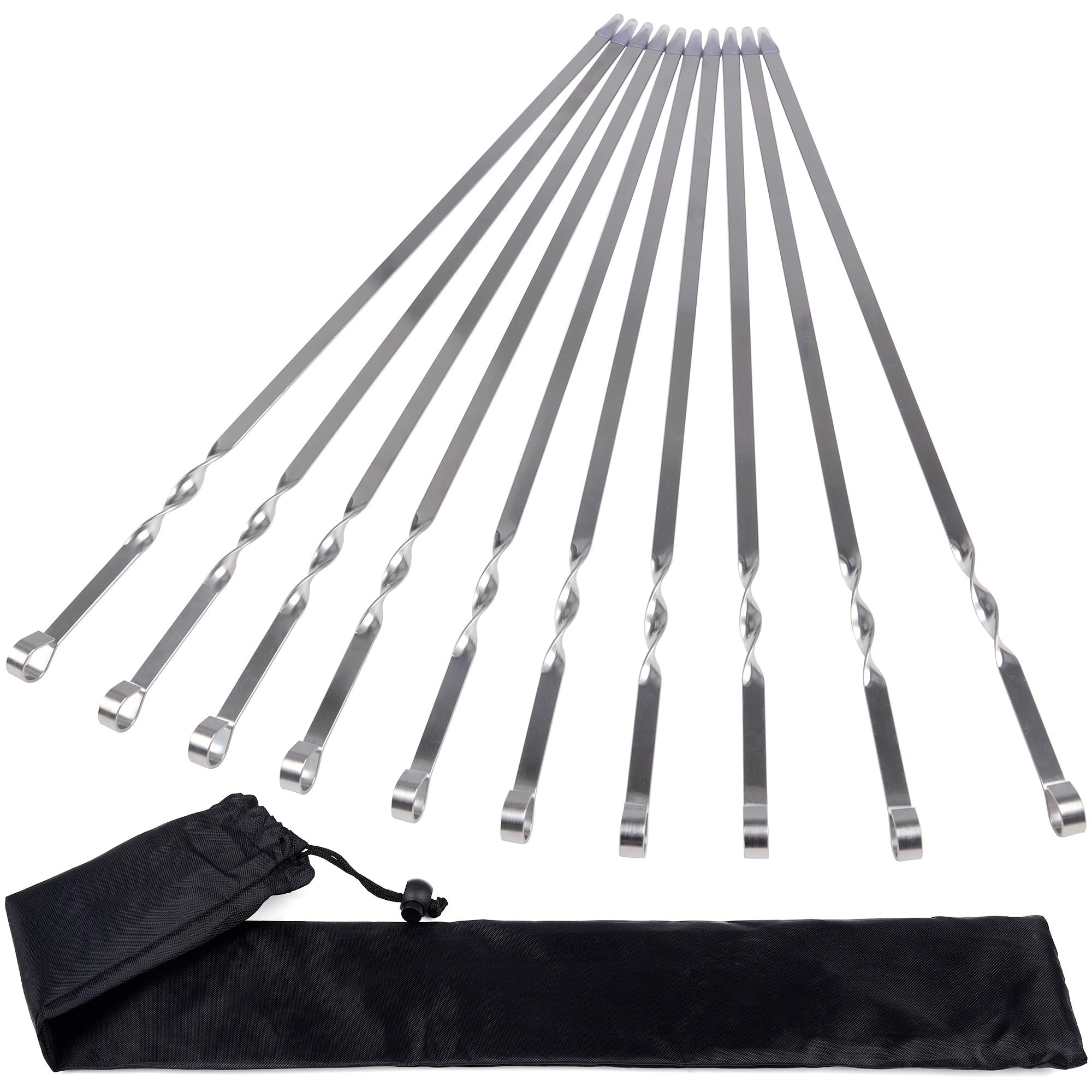 KEYIDO Lot de 10 brochettes à kebab en acier inoxydable de 55 cm, extra longues et plates pour barbecue, brochettes réutilisables avec sac de rangement portable (55,1 cm)