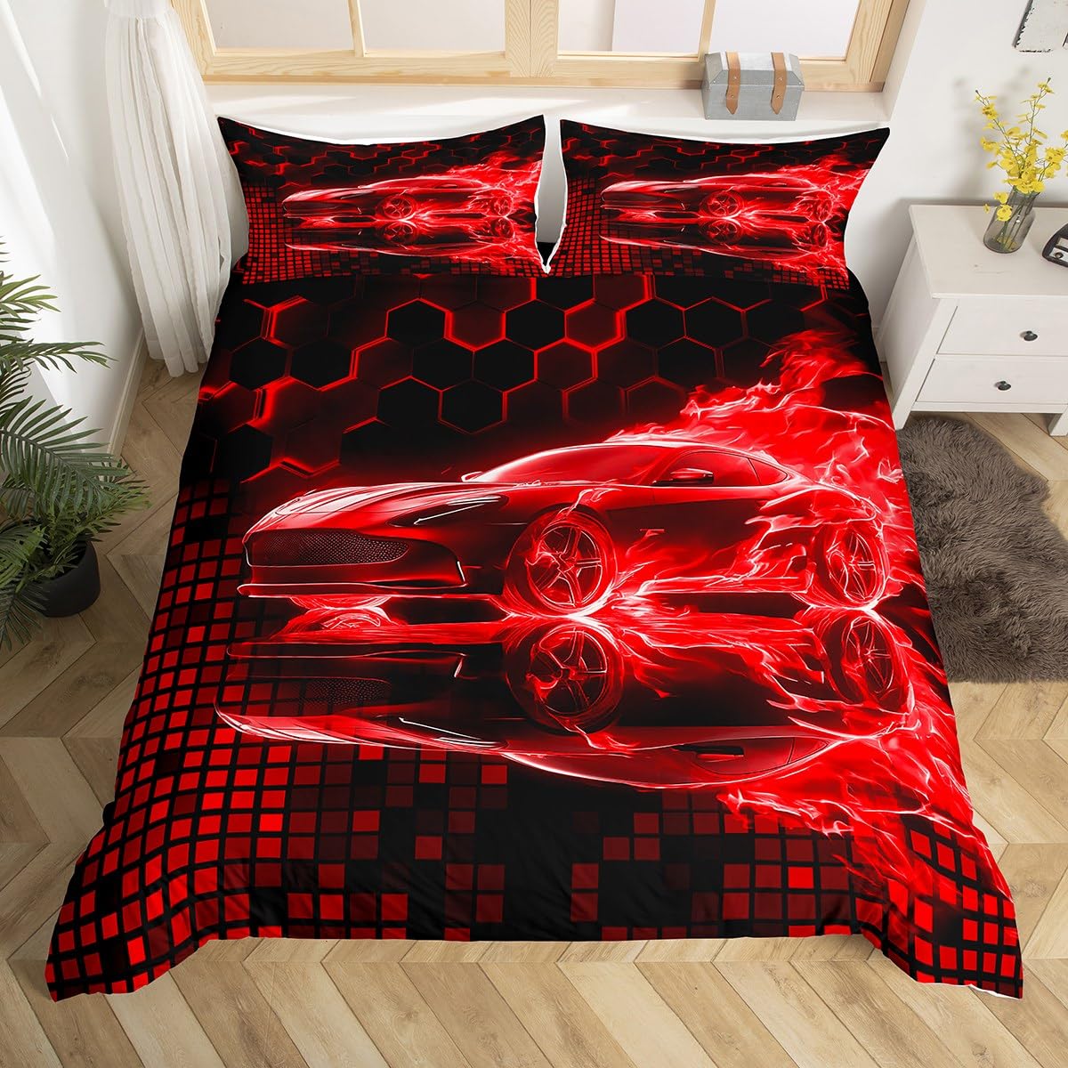 Homemissing Red Race Car Flame Duvet Cover Set King Size For Kids Boys Teens Black Honeycomb Racing Car Bedding Set Fast and Furious Speed Sports Duvet Cover with 2 Pillowcases