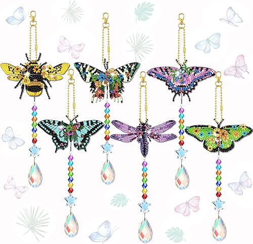 Tradder 6 carillones de viento con diseño de mariposa y diamantes para decoración de árbol de verano, kit de arte de diamantes con colgante de