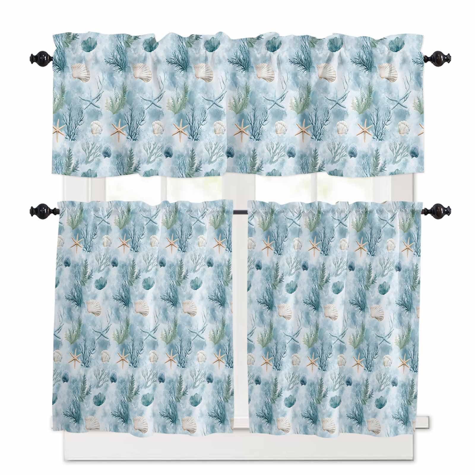 Summer Seagrass Kitchen Curtains 24 Inch Length, 3 Piece Rod Pocket Small Half Tiers and Valance Set, Blue Starfish Conch Shell Small Large Window Treatment Decor for Bedroom/Bathroom Sink