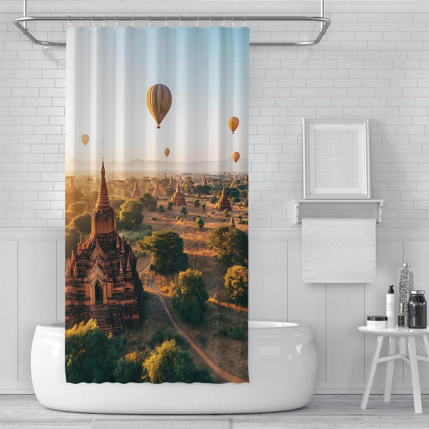 Tourism Landscape Shower Curtains Shrubs Unique House Hot Air Balloon Pattern Bathtub Curtain Set with Ring Hooks Waterproof Fabric 47Wx78L(in)