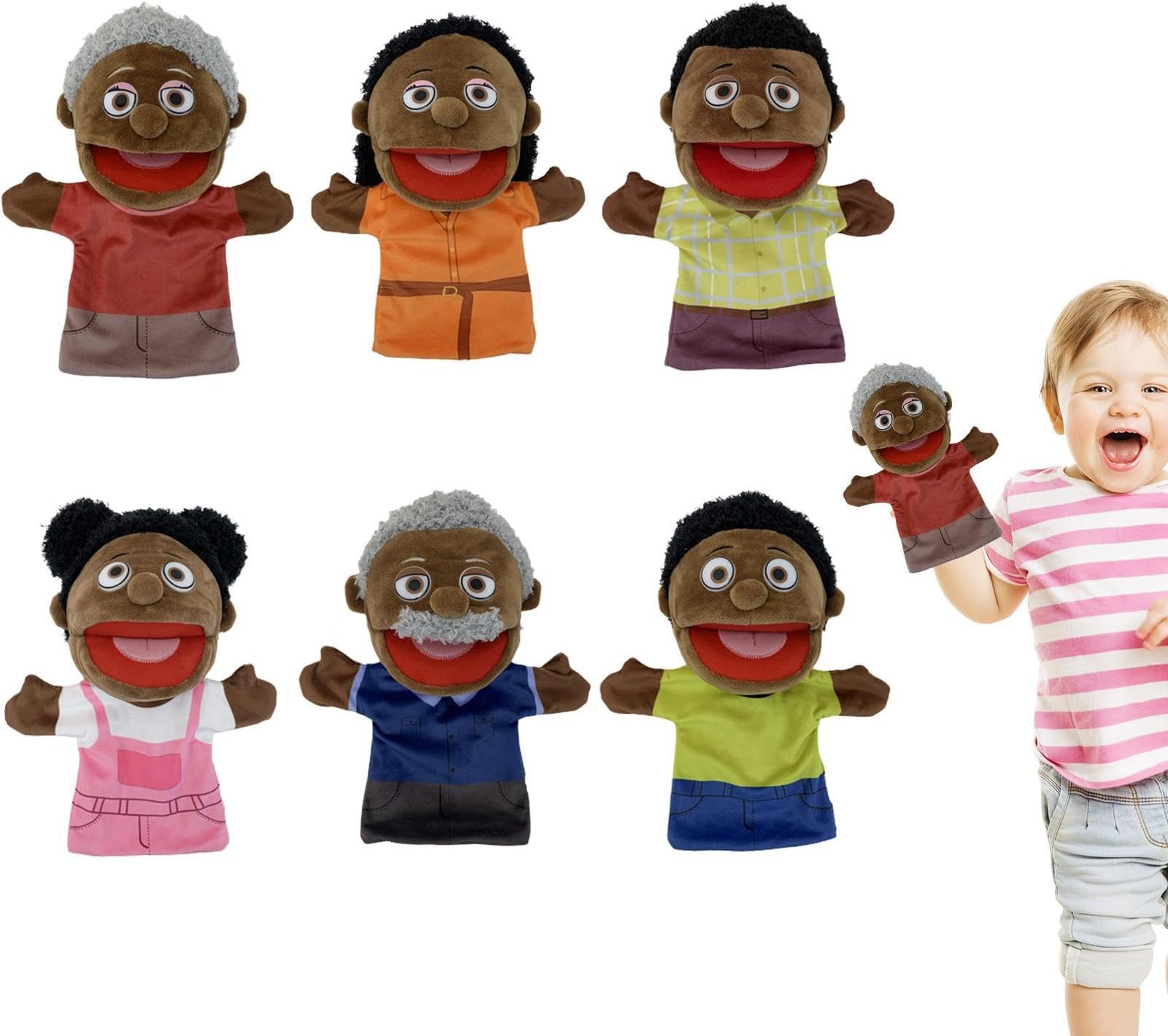 Hand Puppet Set - Black School Home Puppet - School Home, Family Members, 28cm Black Hand Puppets for Girl and Boy, Kids Multicultural Puppets with Movable Mouth for Storytelling, Role