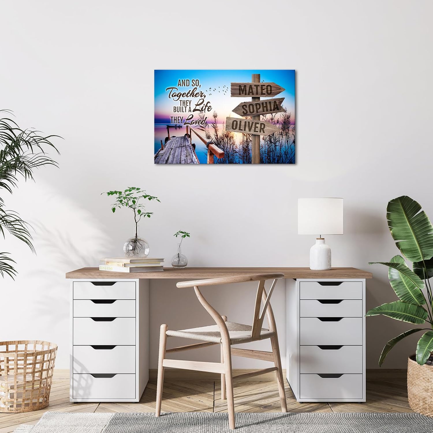 iLOOKLiKE Personalized Street Sign Family Name Wall Art 'And So Together They Built A Life They Loved' Quote Custom Poster Wooden Sea Pier and Bridge Canvas Prints for Home Decor Living Room Gifts