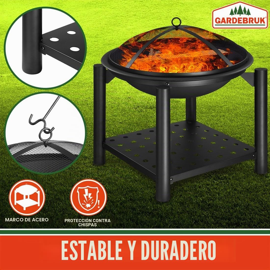 Gardebruk® Brasero Exterior Ø 55 cm Jardín Terraza Protector de Chispas Cubierta Cuenco Fuego con Atizador