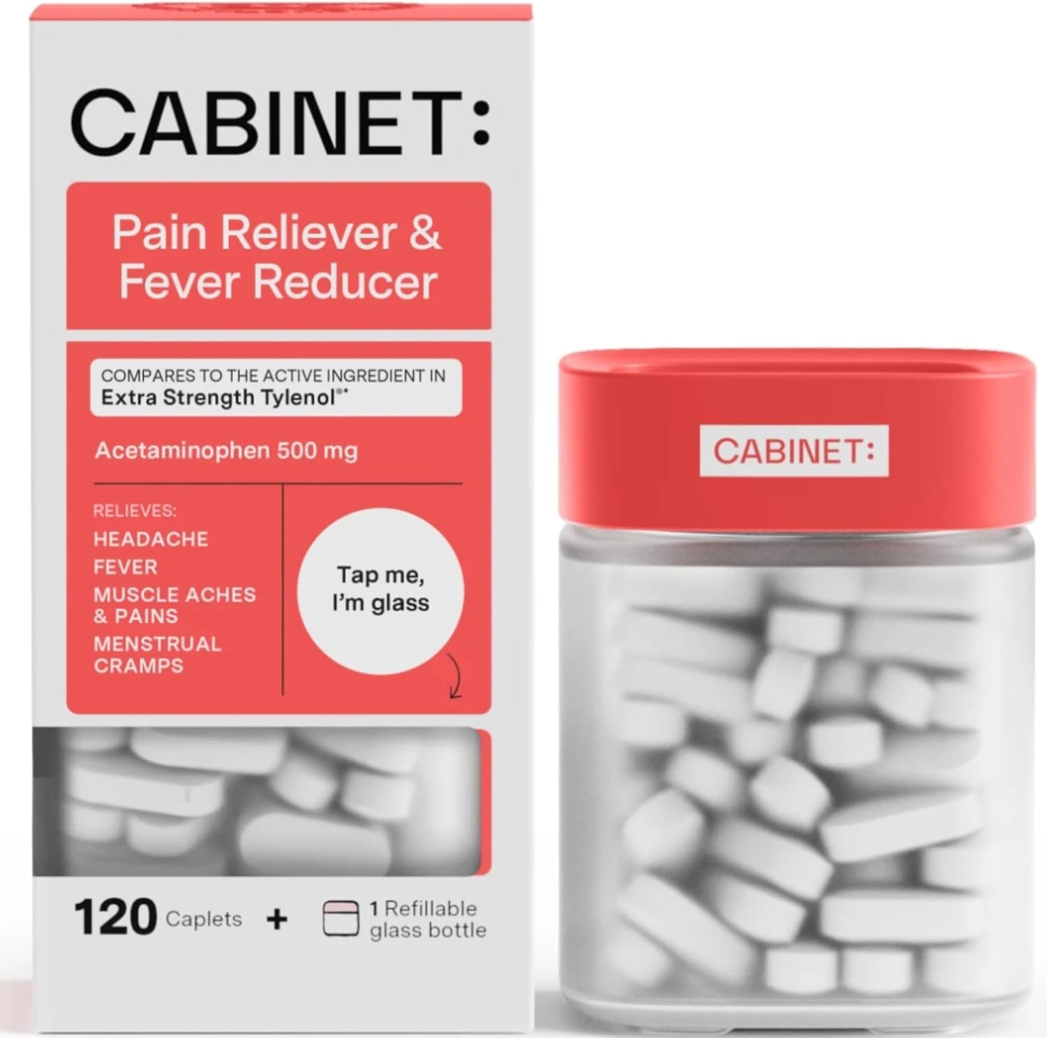 Cabinet: 500mg Acetaminophen for Headache Relief, Toothaches, Sore Throat, and Fever Reducer, Includes 1 Refillable Medicine Jar, 120 Tablets Refillable Glass Jar - (Pack of 3)