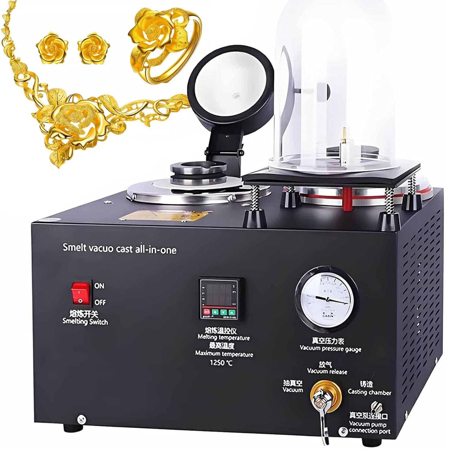 Jozyjul 1Kg Vacuum Casting Machine, Cast Vacuum And Melting Machine 1/3Hp Lost Wax Casting Kit With Gloves And Crucible Pliers Air Flow 4Cfm For Jewelry, Silver, Lead, Copper