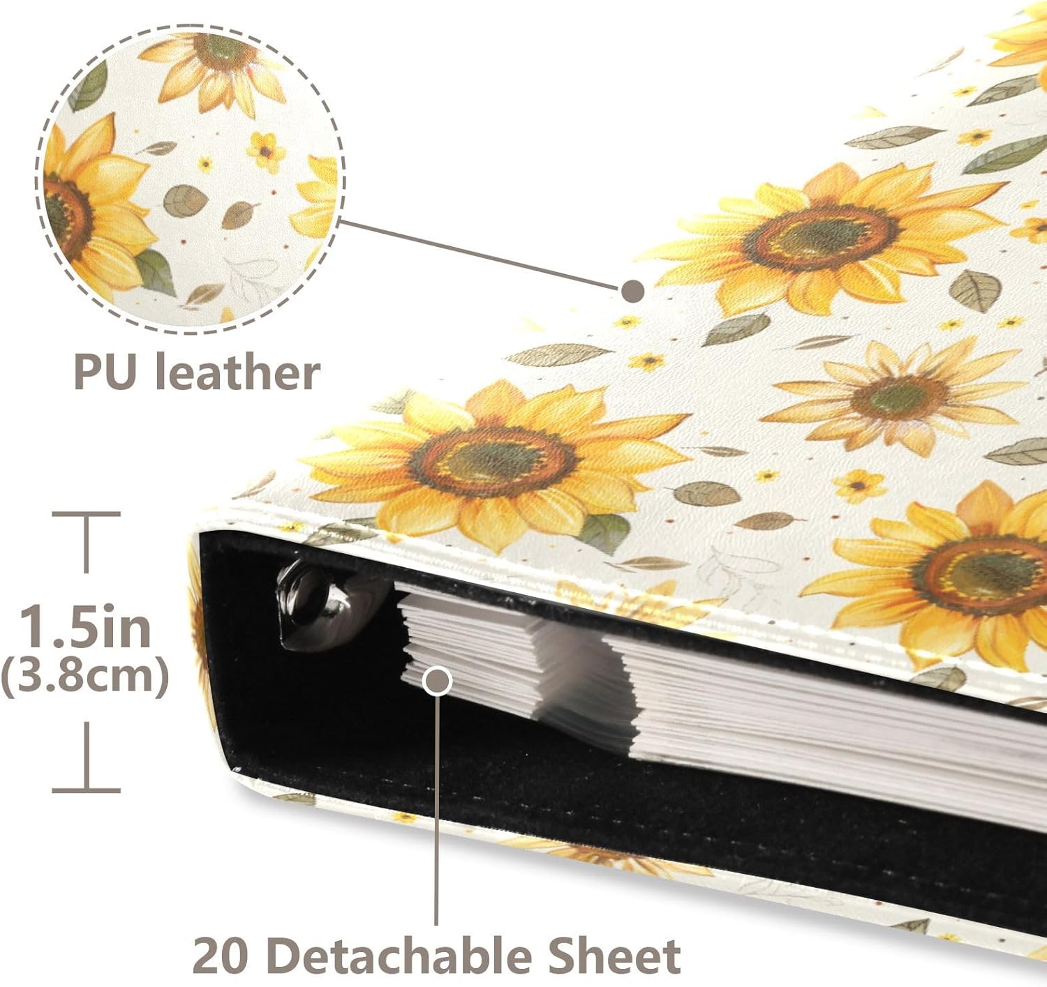 JIPONI Cute Sunflowers Pattern Large Photo Album, DIY Leather Cover Scrapbook Albums for 4x6 5x7 6x8 Pictures, Self Adhesive Memory Book for Wedding, Baby, Family