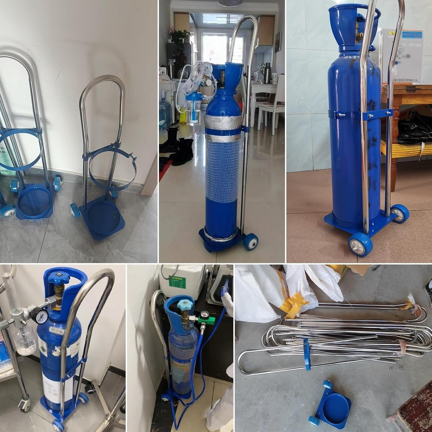 Carrello per serbatoio di ossigeno con anello fisso in acciaio e 2 ruote, carrello cilindrico per serbatoi di diametro 17 cm, altezza regolabile 15 L-95 cm, supporto per serbatoio di ossigeno per uso