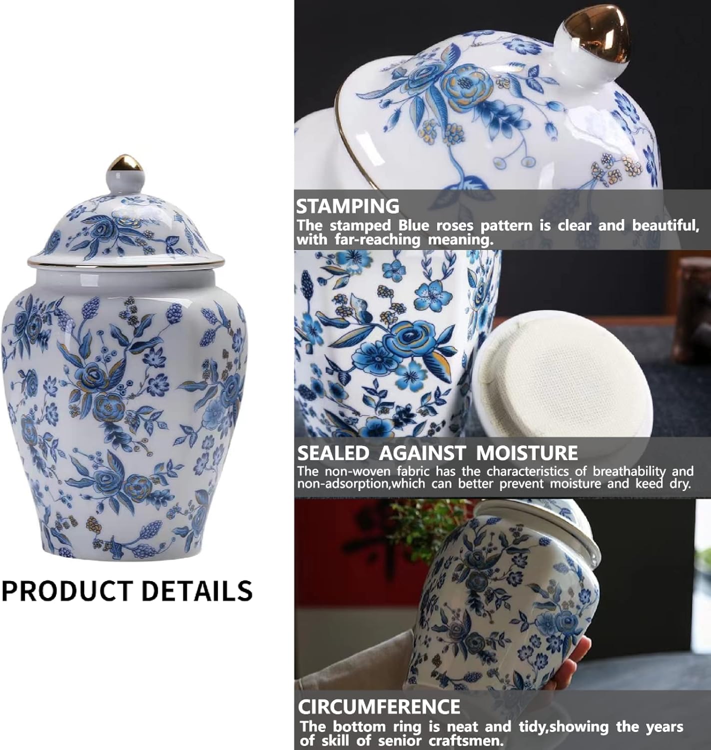 Rose Small Urn Ashes Keepsake - 8 inches Ceramics Decorative Blue Rose Urn, Capacity 50 Cubic inches Funeral Sharing Memorial urn for Female/Women/Mom/Girl/Humans/Pet - Image 3