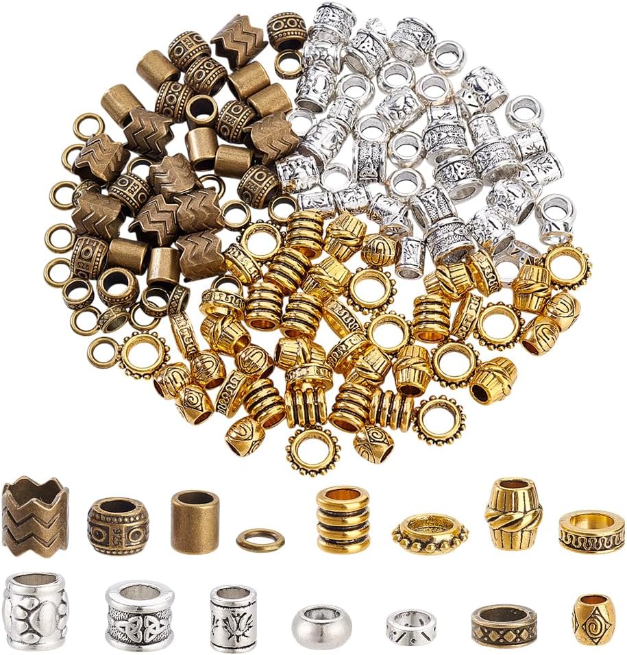 NBEADS 150 Pcs Tibetan Style Alloy Dreadlock Beads, 15 Kinds of Loose Braiding Hair Beads DIY Jewelry Accessory for African DIY Hair Braiding Ponytail Decoration, Silver/Golden/Bronze