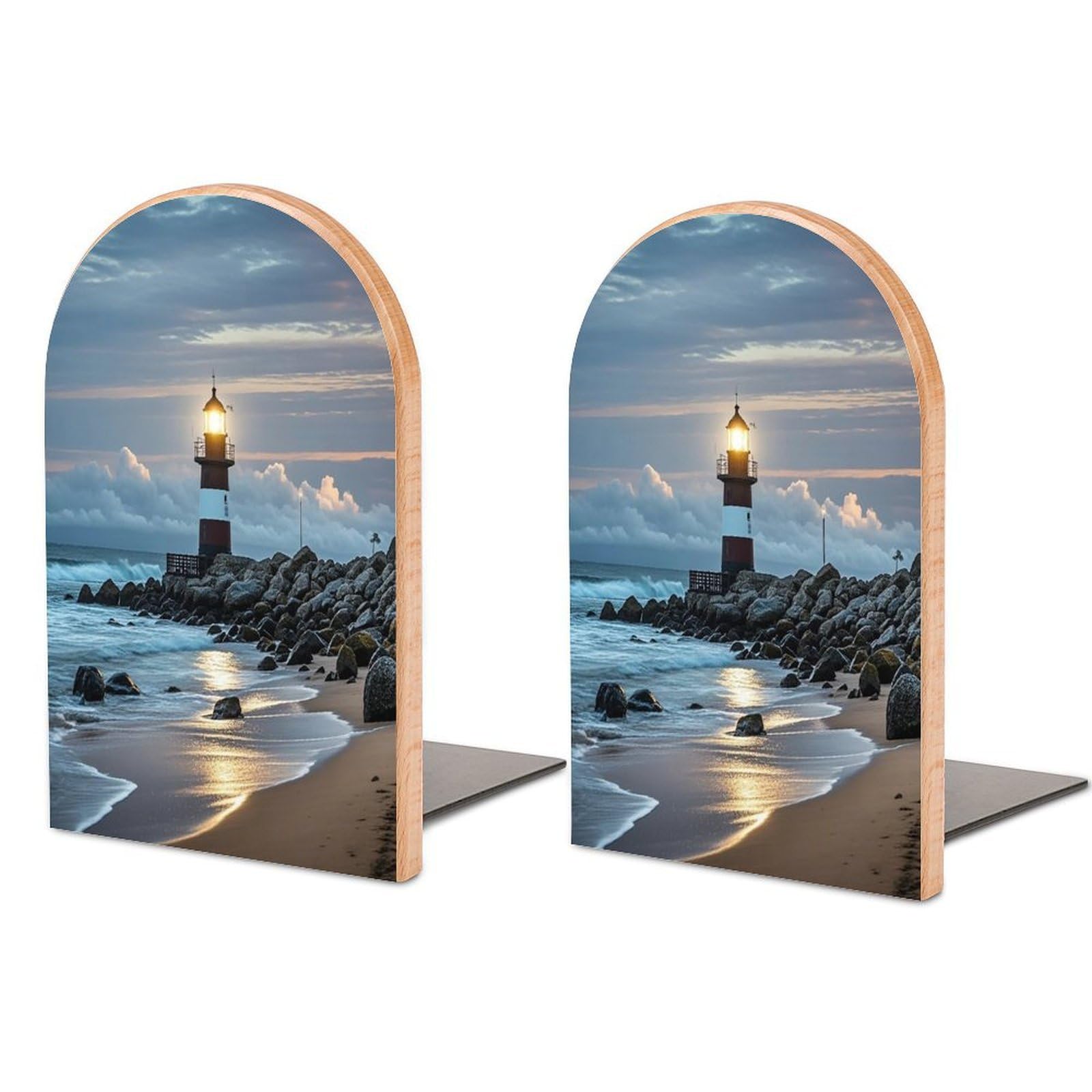 Sea Lighthouse Book Ends Wood Non-Skid Bookend for Shelves Heavy Duty Bookends with Metal Base Decorative Books Stopper Desk Organizers Book Dividers for Office Home 1 Pair