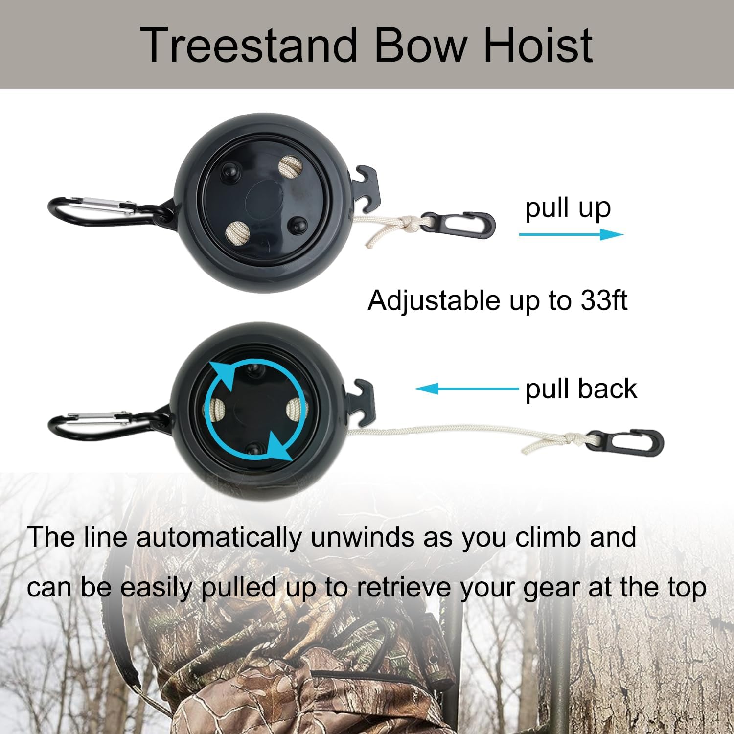 Retractable Bow Hoist Tree Stand Bow Hunting Accessories and Deer Hunting Equipment Saddle Bow Pull Up Rope 33ft Heavy Duty (1, Black)