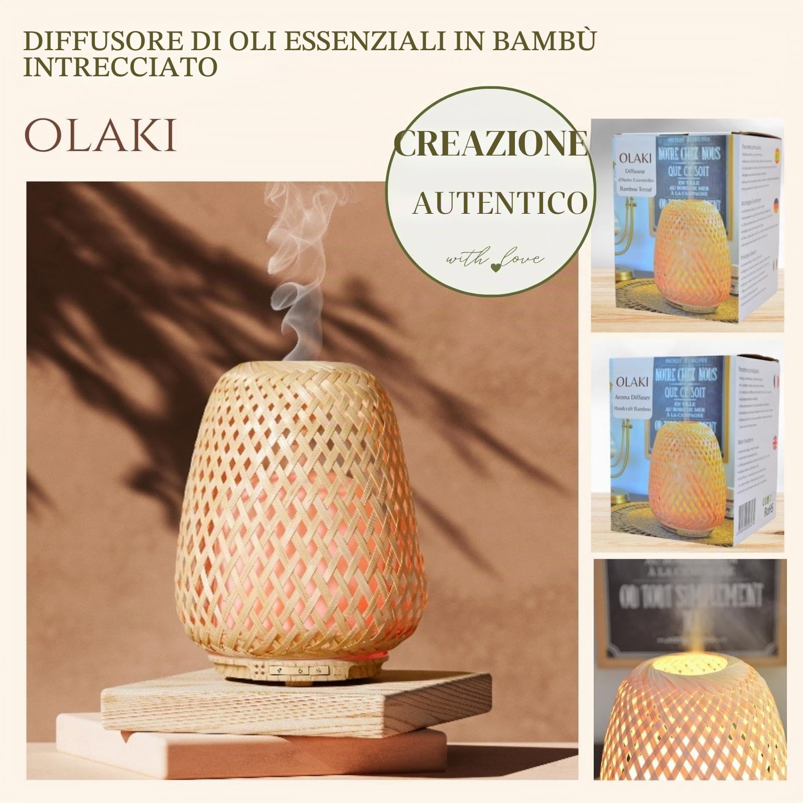Zen'Arôme SC21-25S Oli Essenziali ad ultrasuoni Olaki (Fino a 40 m²) -Diffusore a Freddo per aromaterapia-Design Artigianale Zen in bambù Intrecciato-Illuminazione Parametrabile, Legno