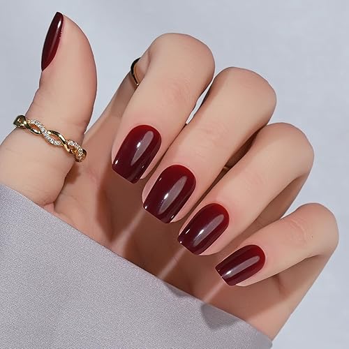 Uñas postizas cortas a presión, uñas acrílicas a presión, color rojo, cuadradas, con pegamento para uñas, se ajustan perfectamente y naturales en 12