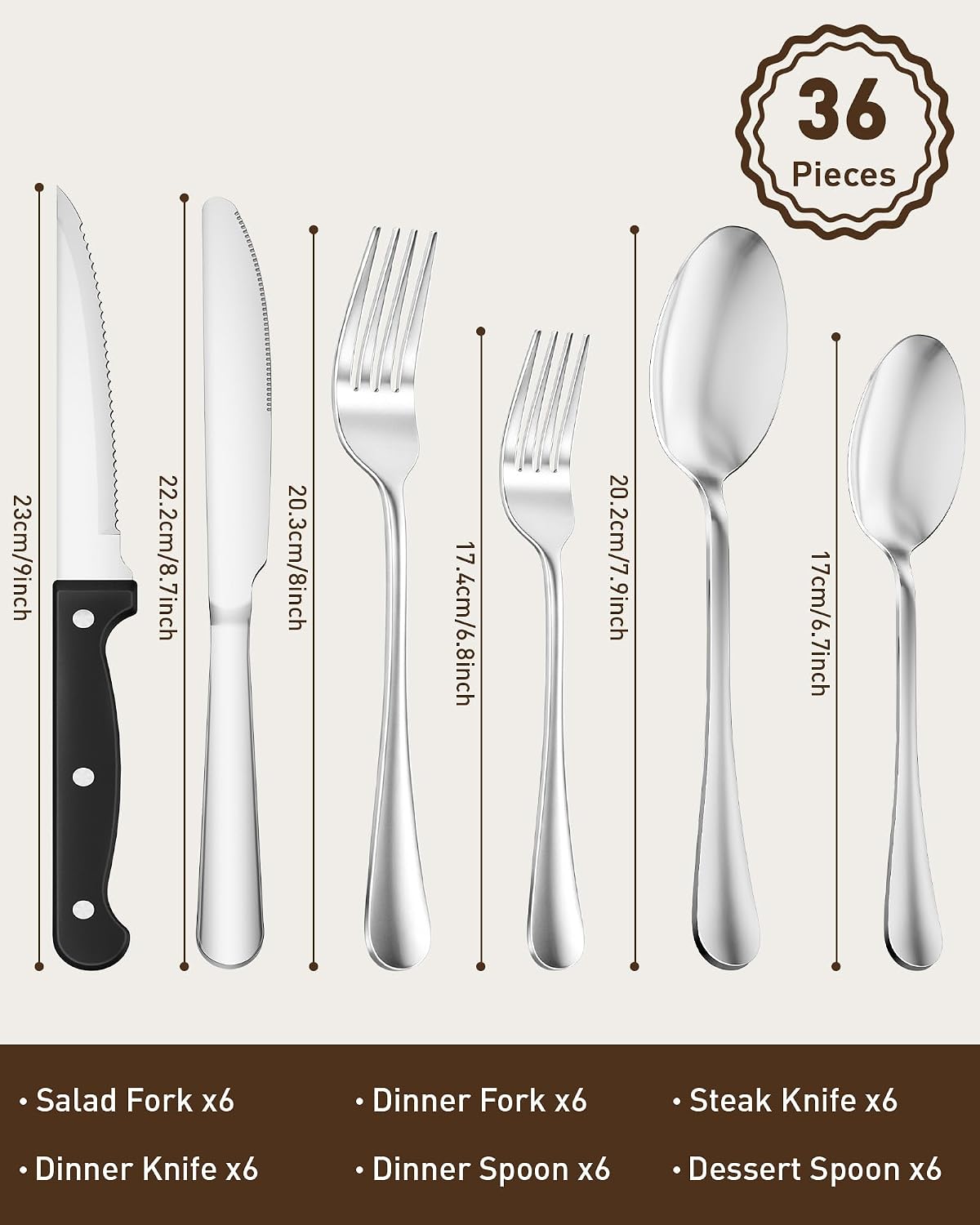 Quatish 36 Piece Silverware Set with Steak Knives, Cutlery Utensil Sets for 6, Food-Grade Stainless Steel Flatware Sets, Kitchen Utensils Set for Home Restaurant Hotel, Mirror Finished, Silver image 2