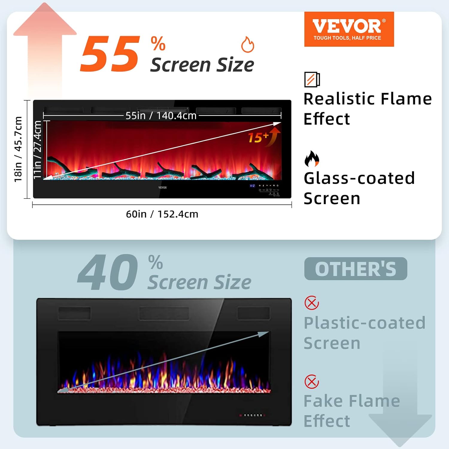 VEVOR Electric Fireplace, 60-inch Wall Mounted and Recessed Fireplace, Fit for 2 x 4 and 2 x 6 Stud, Adjustable Flame Colors and Speed with Remote Control & Timer, Compatible with Alexa, 1500 W, Black : Home & Kitchen