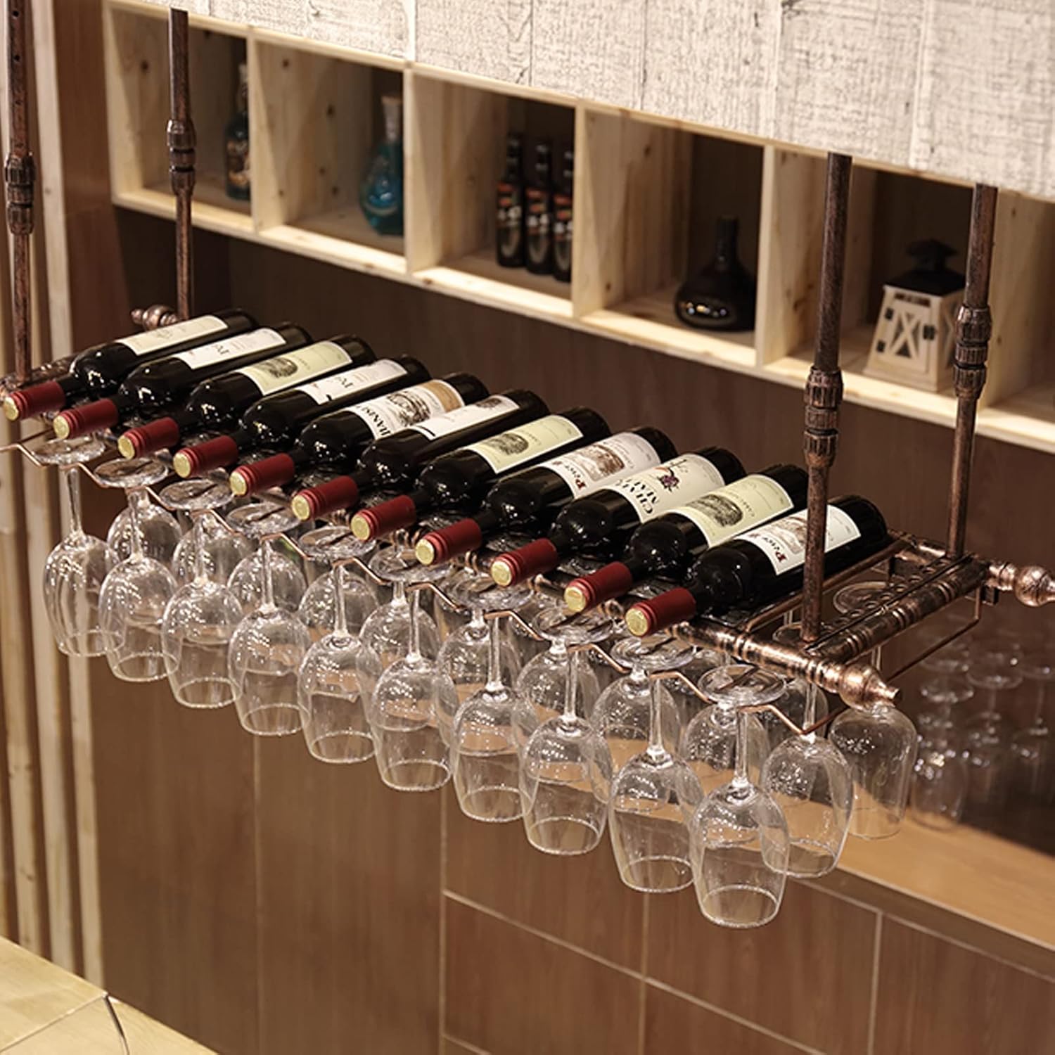 『確認用』 バーワインラックレストラン吊り下げワインボトルラック、素朴なワイン