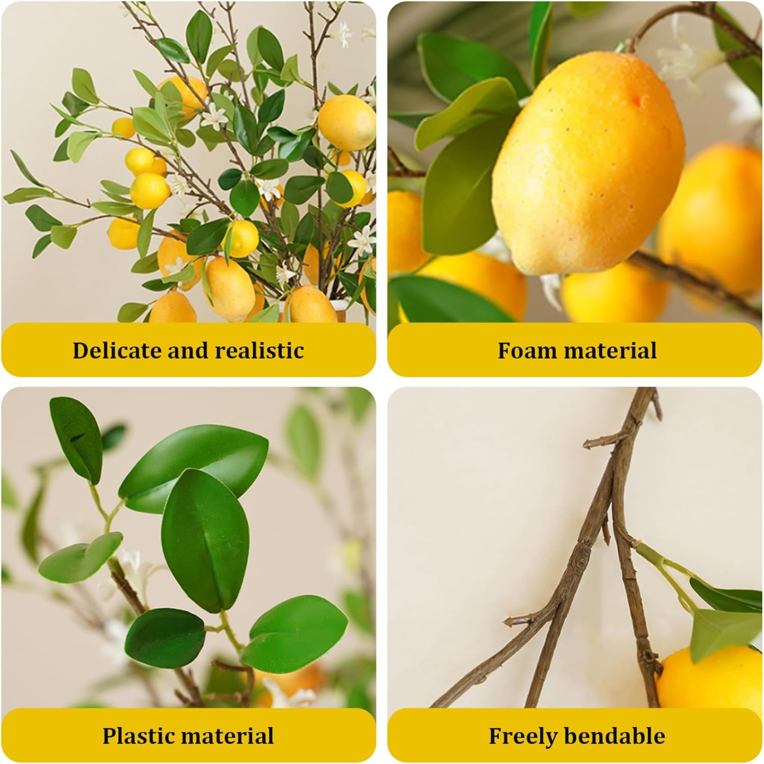 Fake Lemons 3Pcs 32 Inch Long Stem Foam Faux Lemons with 7 Heads & Leaves DIY Friendly Fruit Decor for Home, Photo, Backdrop