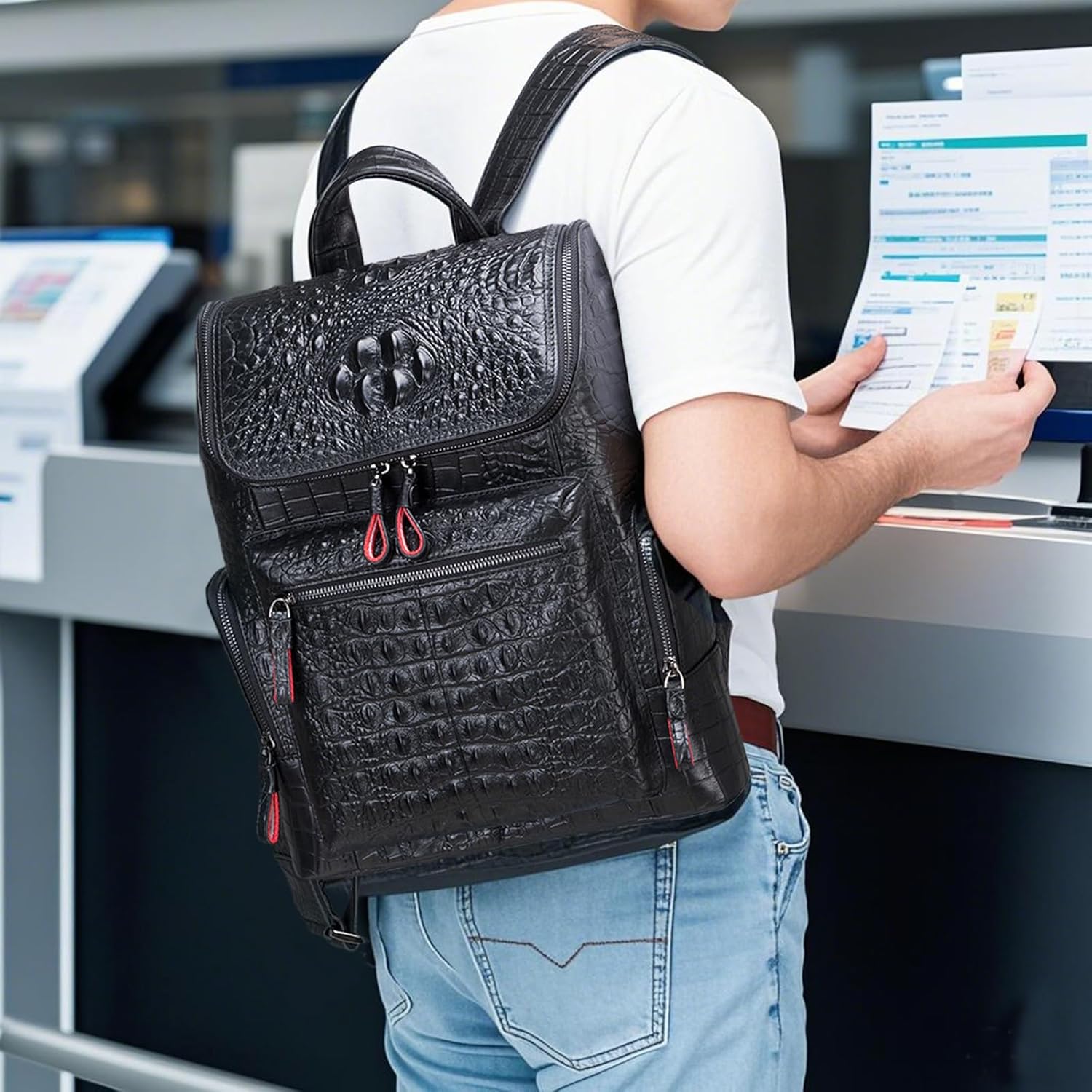 boshiho Real Leather Laptop Backpack Fashion Travel Bag Daypack for Men, Crocodile Pattern (L) - Image 2