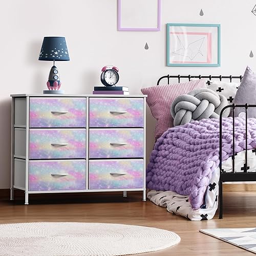 Miniatura 2 de Sorbus Kids Dresser with 6 Drawers - Storage Chest Organizer Nightstand - Steel Frame, Wood Top, Tie-Dye Fabric Bins for Clothes - Wide Furniture