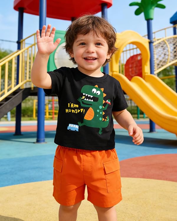 Latnnut Toddler Shorts Boys 2t 3t Summer Clothes Boy Black Cute Green Dinosaur Pattern Short Sleeve T-shirt Tops and Orange Elastic Cargo Shorts with Pockets for 2-3t by Latnnut - Image 2