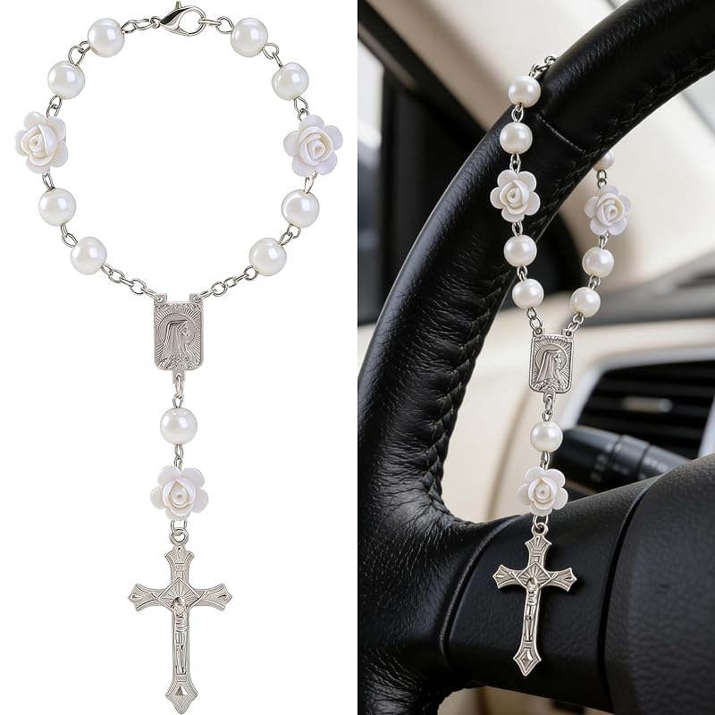 Rosário para Carro Ohmique com Virgem Maria, Corrente de Contas e Cruz para Volante ou Espelho Retrovisor, Branco, 1 unidade