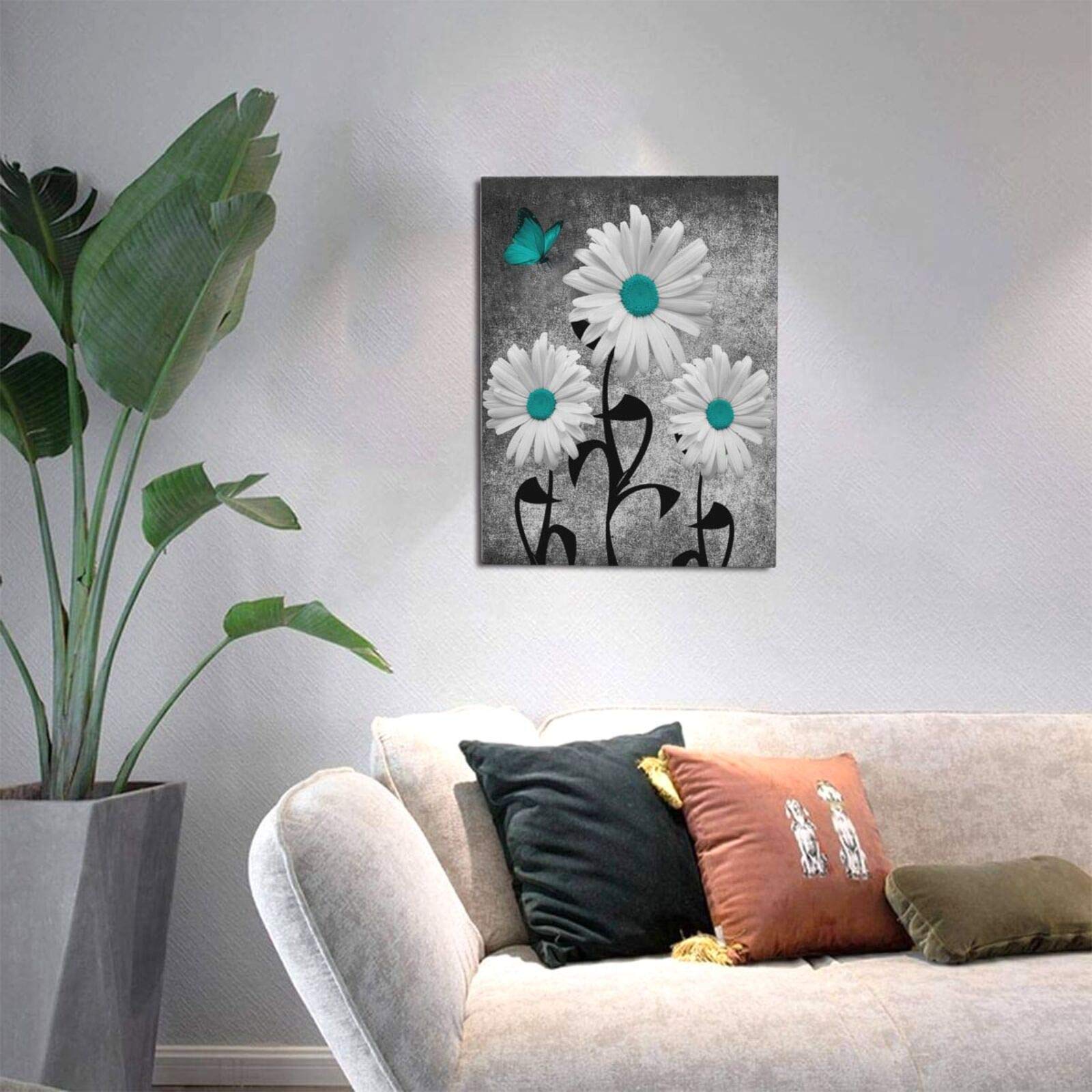 Bulldog Leather Works Abstract Bathroom Decor Canvas Wall Art, Teal Daisy Butterflies Farmhouse Flower Poster Black White Motivational Artwork Modern Framed Ready To Hang, 12x16inch