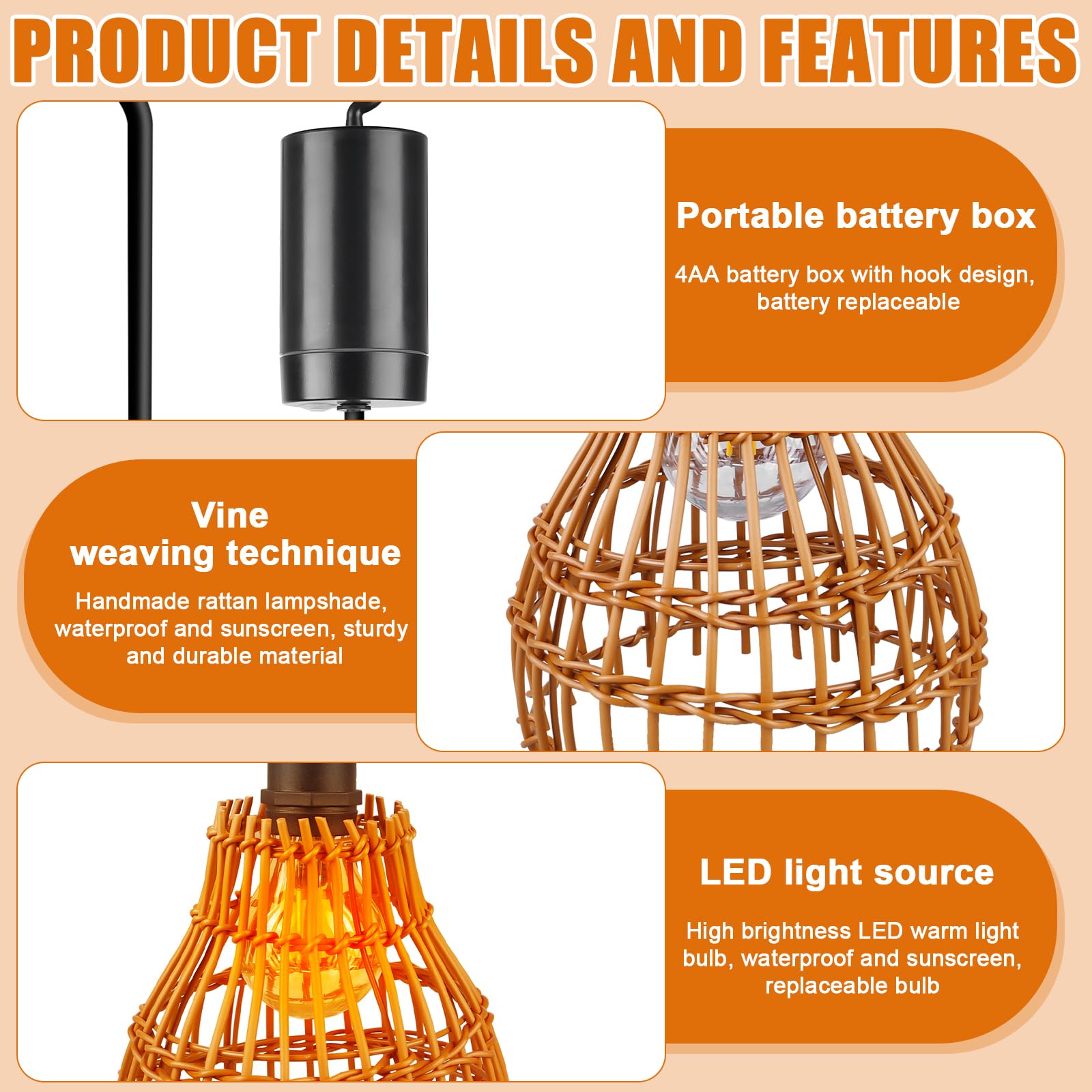 Lampada a sospensione in rattan: 2 pezzi a batteria, lampada a sospensione boho con telecomando, per esterni, per giardino, esterni, per terrazze e gazebo