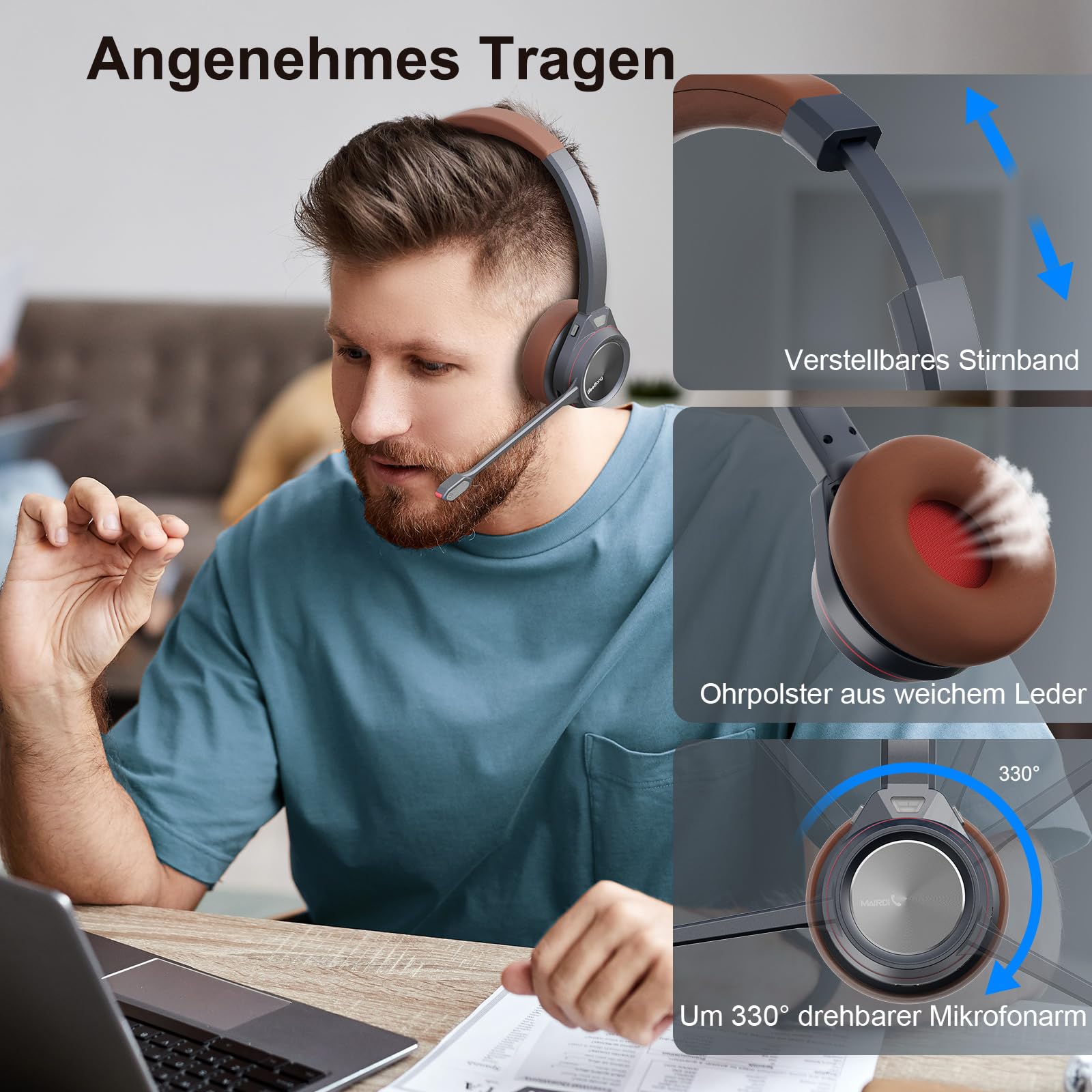 Bluetooth Headset mit Mikrofon, Wireless Headset mit Ladestation & USB Dongle für PC, 40 Stunden Sprechzeit Kabellos für Mac Computer Teams Zoom Laptop Büro Callcenter