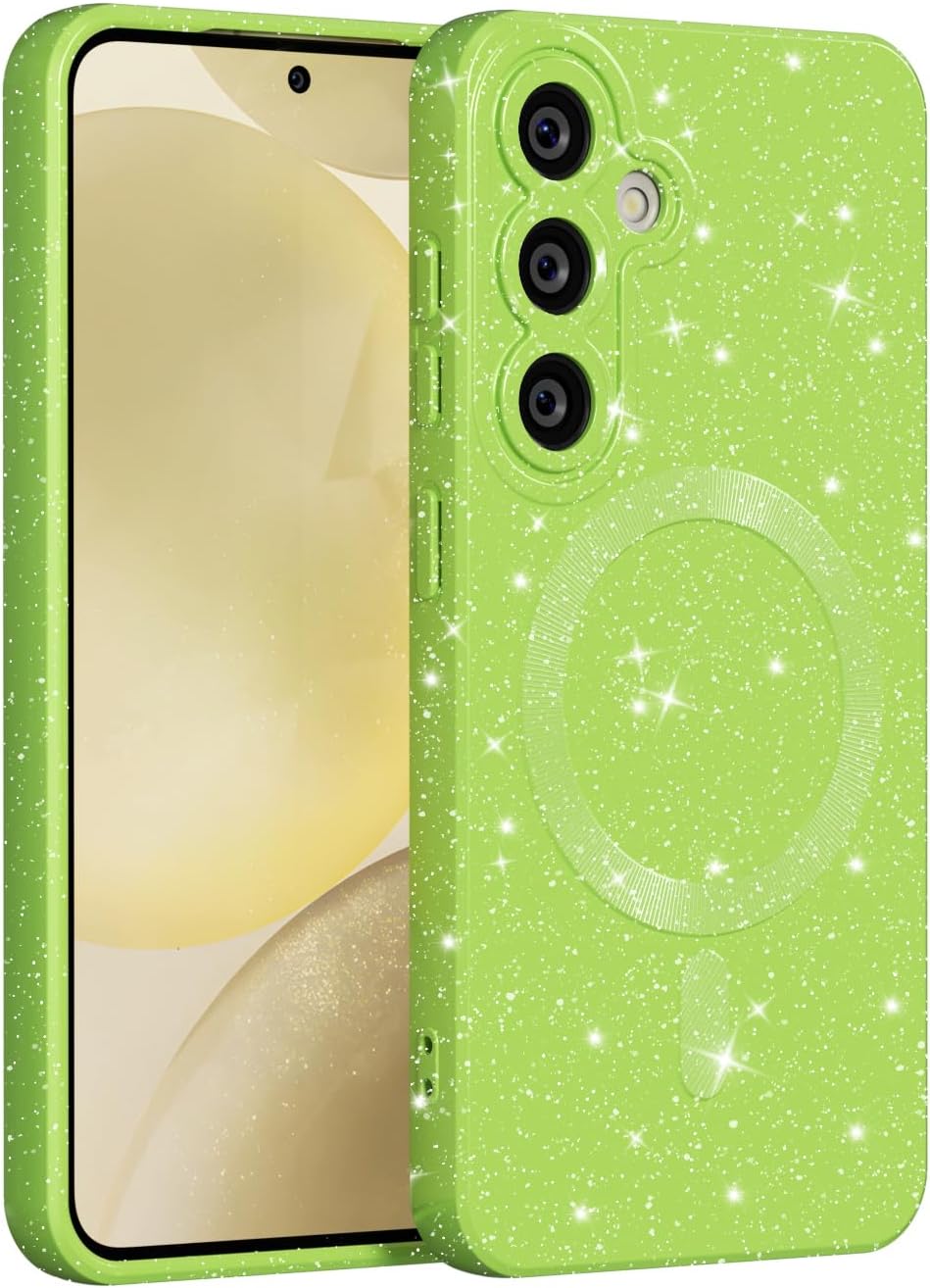MINSCOSE for Samsung Galaxy S24 FE Case Magnetic Compatible with Magsafe,Cute Neon Glitter Super Vibrant Shiny Bling Sparkly Glossy Girly Case with Thin Slim Camera Protection for Women-Neon Green