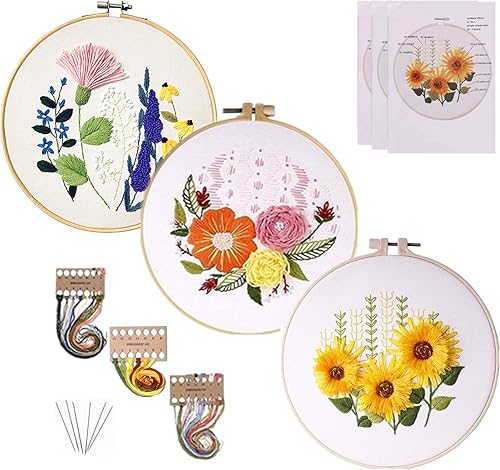 Mozzyyee Kit de iniciación de bordado para principiantes y adultos, incluye 3 ropa de bordado con instrucciones de patrón floral, aros de hilo de