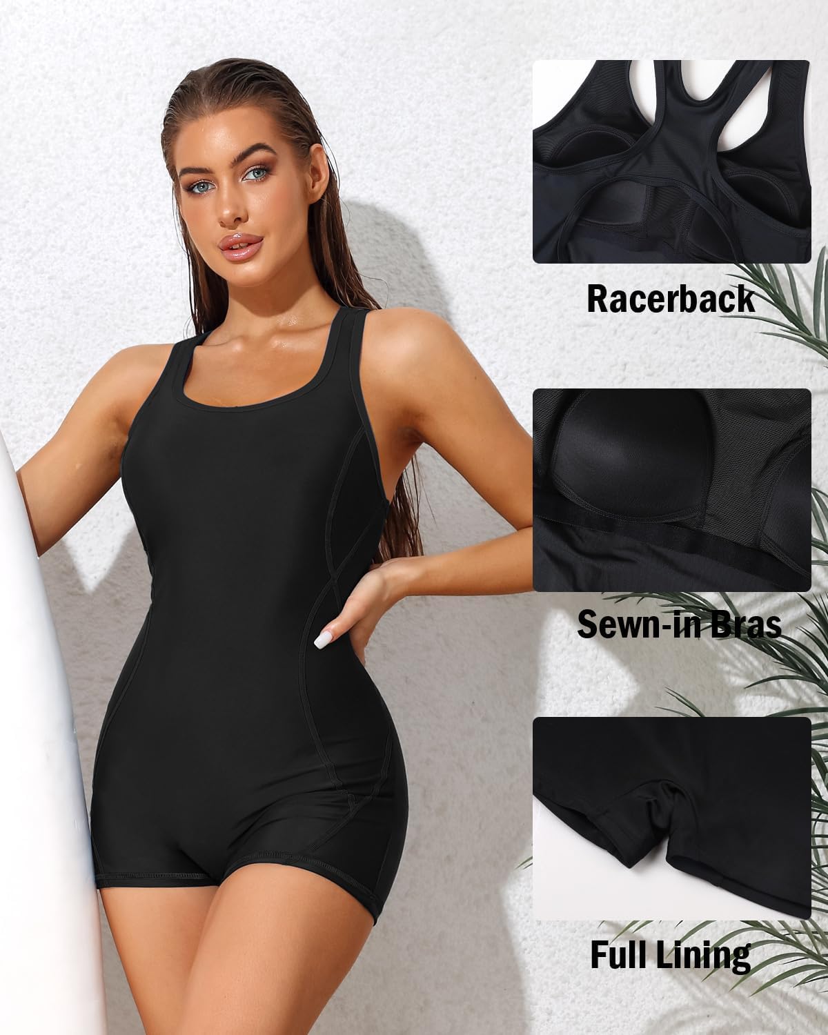 Attraco Damen Badeanzug Sport Bademode Bauchweg Einteiliger Badeanzug Push Up Badeanzüge Swimsuit Monokini Strandmode Sommer