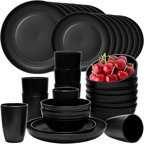 32Pcs Black Plates and Bowls Sets,Lightweight Plastic Dishes Set for 8,Unbreakable Dinnerware Sets,Reusable Plates Set,Dishwasher and Microwave disponible en Yaxa Venezuela