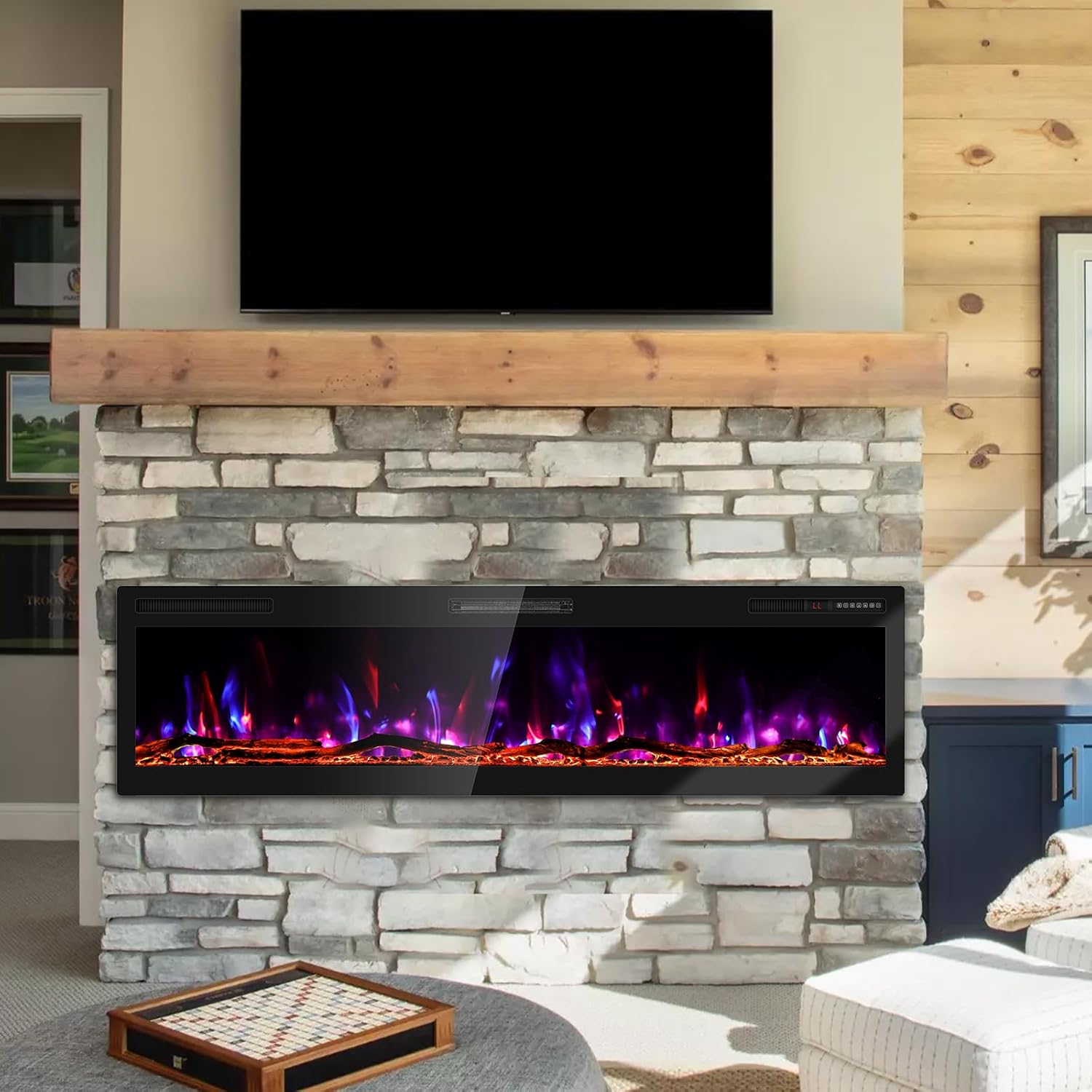 BREEZEHEAT 68 Inch Electric Fireplace Recessed and Wall Mounted, Ultra Slim Linear Fireplace Heater 750/1500W w/Log, 12 Flame Colors, Lower Noise, 8H Timer