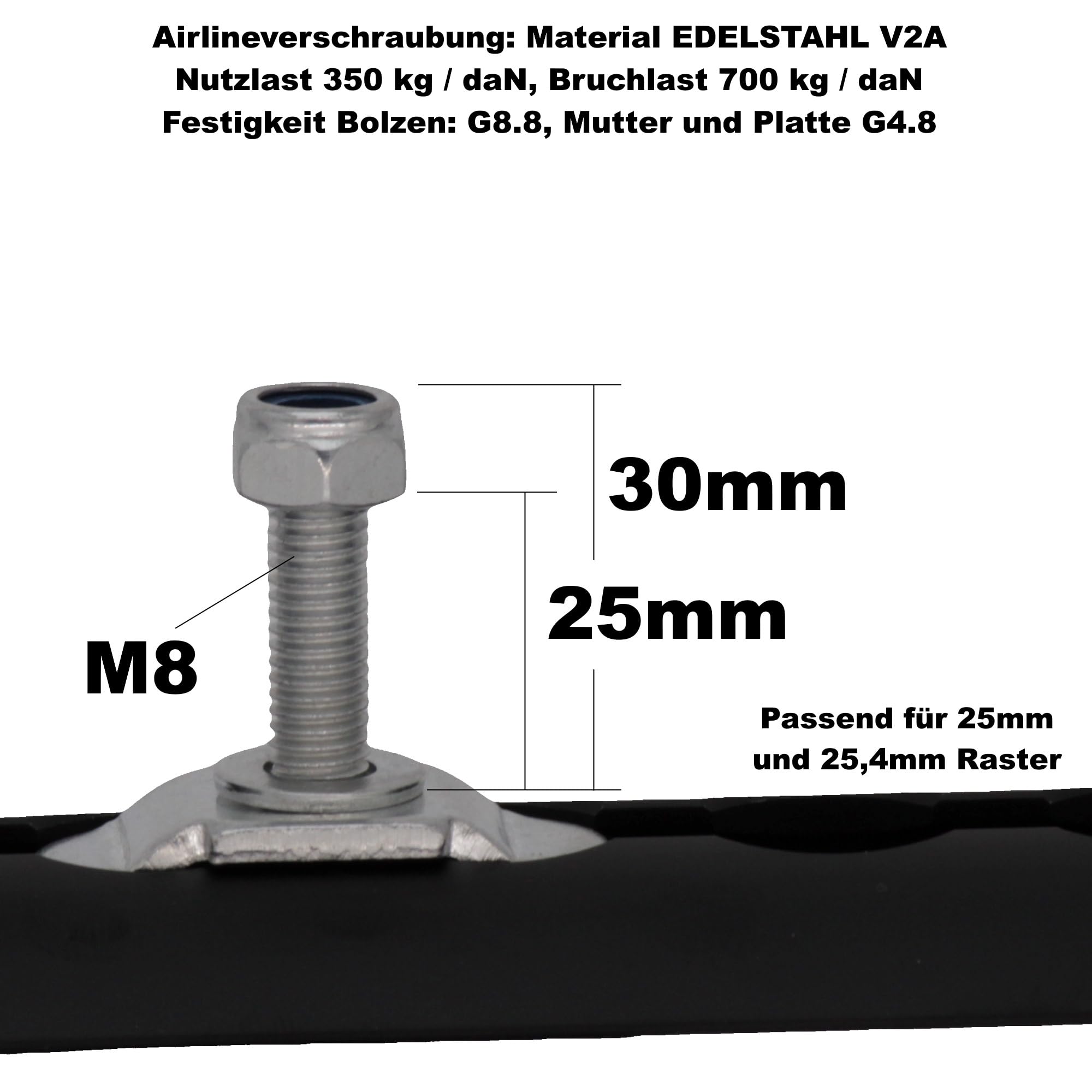 10x Schraubfitting Airlineschiene EDELSTAHL V2A M8x30 Endbeschlag für Zurrschienen Fitting Verschraubung Airline