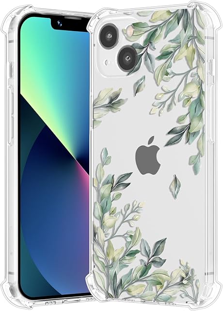 RALEAVO Compatible with iPhone 13 6.1 inch Clear Floral Case Girly Soft Slim Bumper Case with Flower Pattern-Leaf Pattern