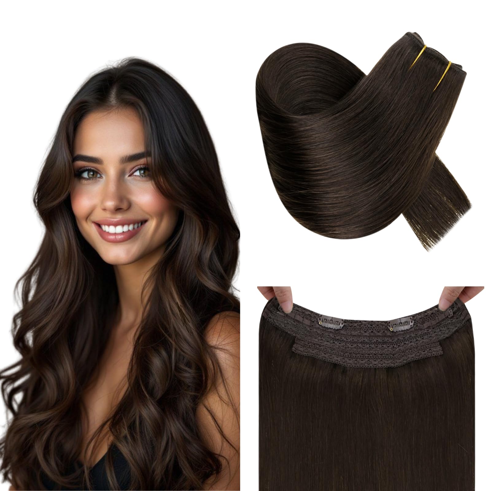 RUNATURE Invisible Wire Hair Extensions Real Human Hair 18 Inch, Wire Hair Extensions Brown One Piece 80g，Soft Silky Hair for Daily Wearing #2 Dark