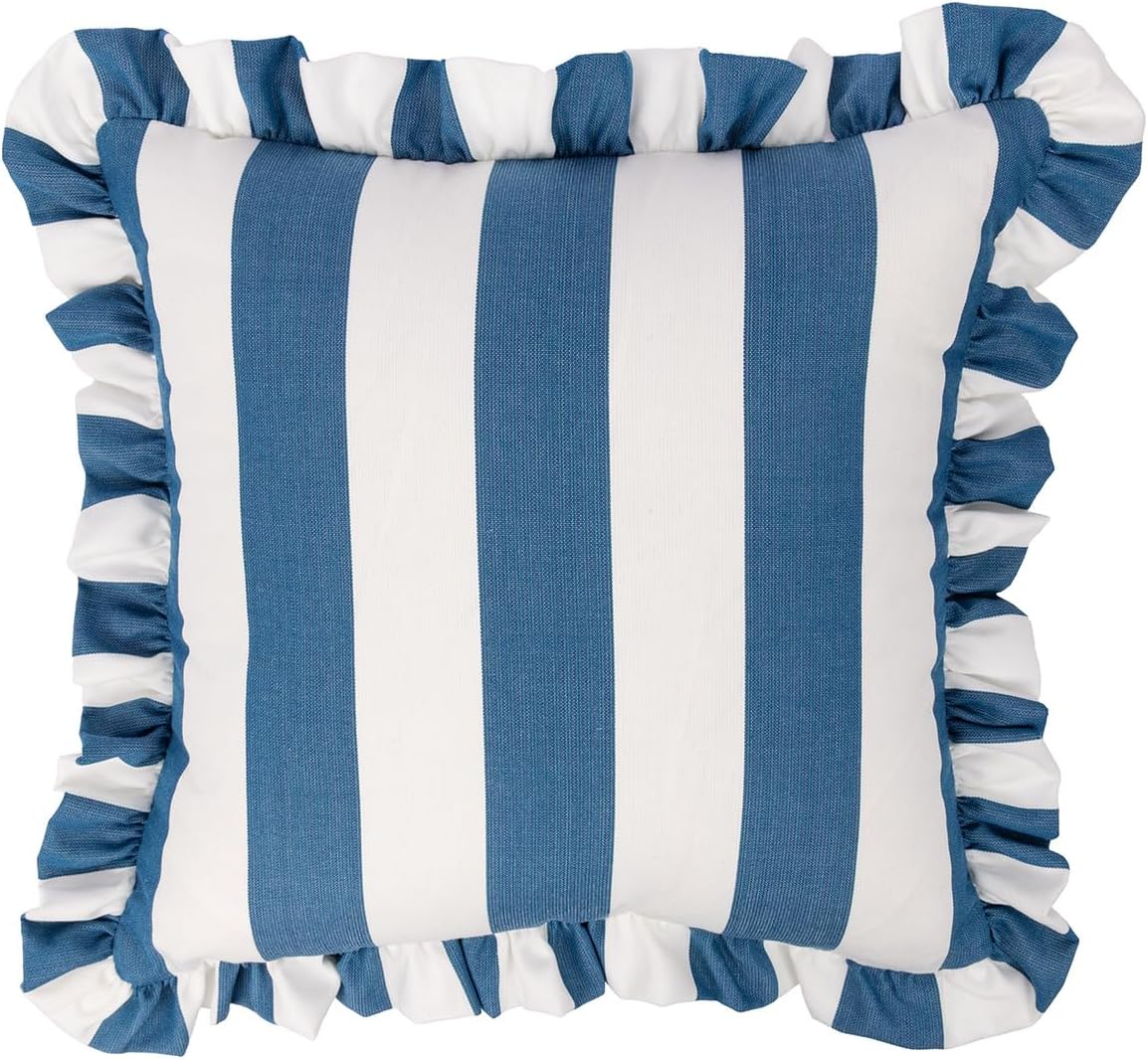 Sherry Kline Cabana Stripe Outdoor Throw Pillow Set of 2, 18x18 Inch Square Decorative Cushions with 2" Ruffle Trim, Reversible Indoor Patio Porch Pool Sofa Accent Pillows, Made in USA – Navy/White
