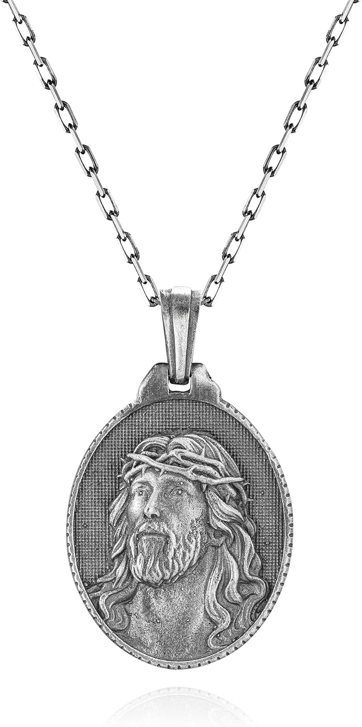 Men's Jesus Head Necklace Catholic Christian Cross 925 Sterling Silver Vintage Signet Retro 3d Jesus Religious Amulet Baptism Bands Hip Hop Biker Pendant Necklace Jewelry Gift for Men Boys Accessories