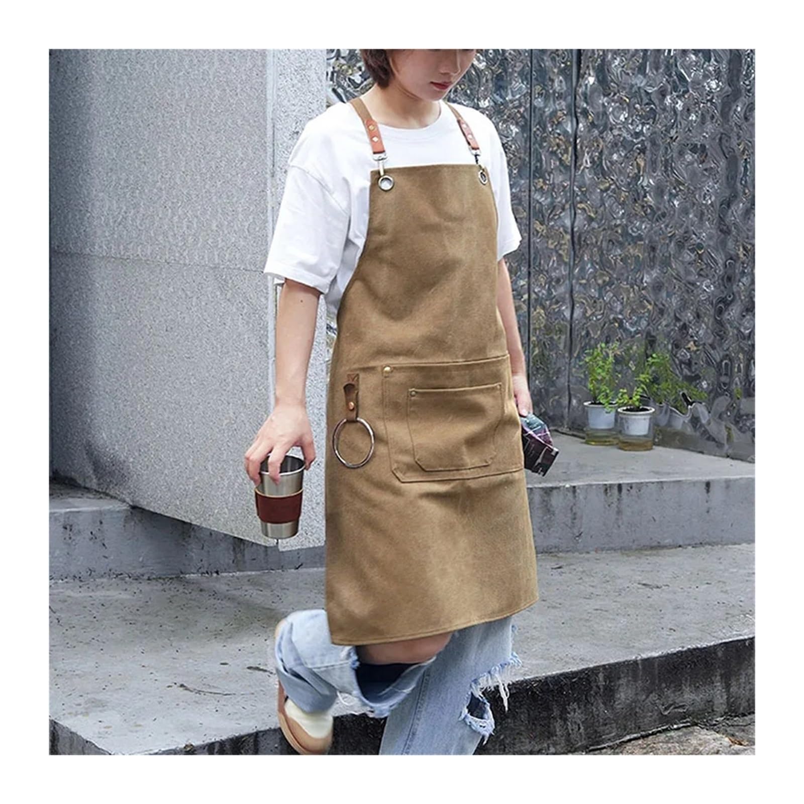 Tela Grembiuli Grembiule da lavoro in tela impermeabile ispessita for cameriere barista parrucchiere uomo donna bavaglino incrociato cucina ristorante bar