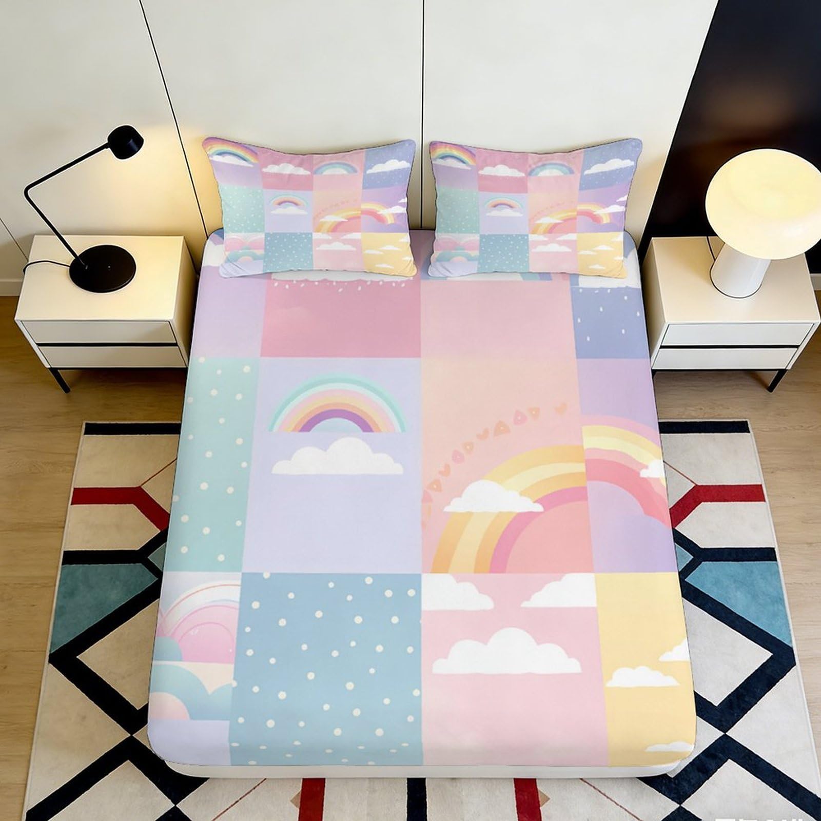 3D Printed Rainbow Clouds Fitted Sheet Microfiber Pastel Sky Mattress Cover Anti-Slip Easy Care for Bedroom Guestroom 140x200x25cm