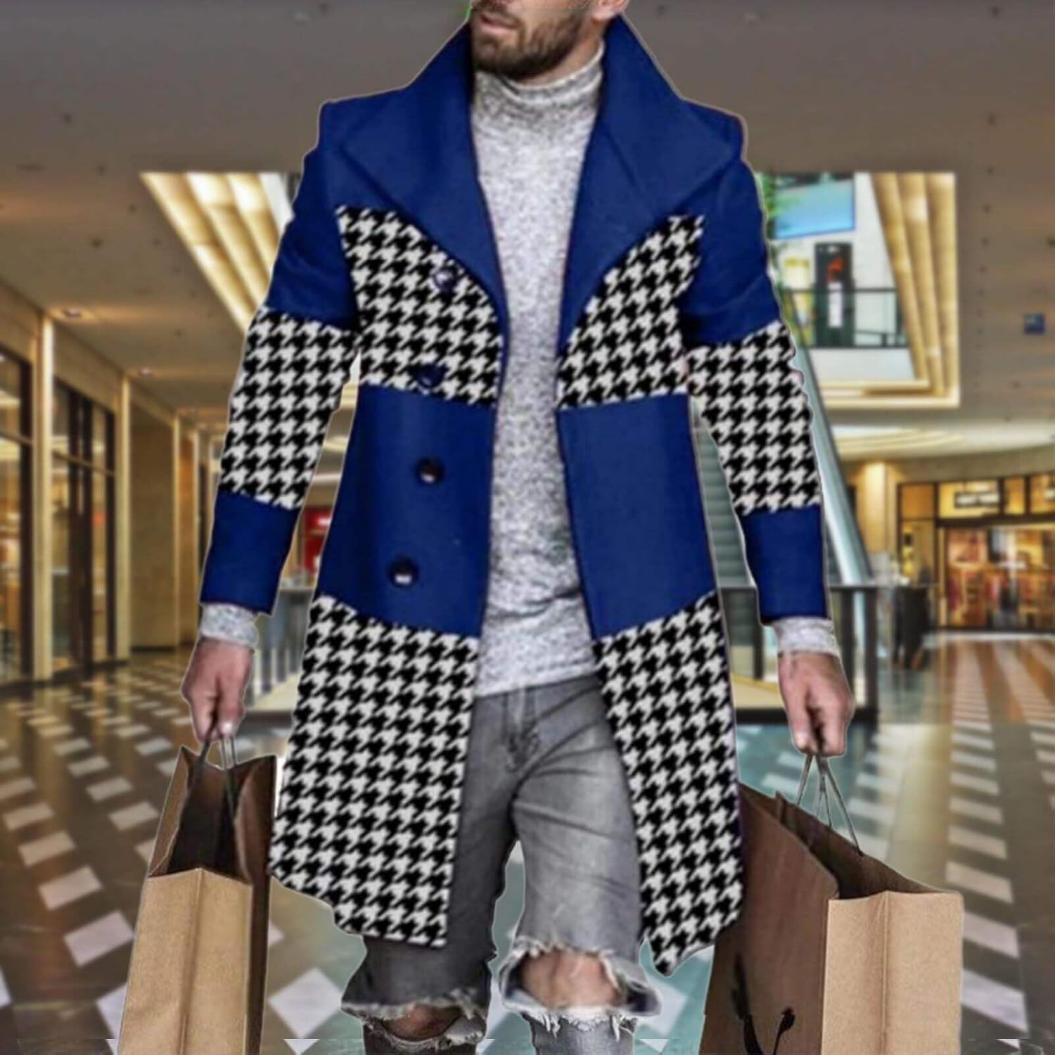 Men's Plaid Long Trench Coat Mid - Length Lapel Collar Button Down Warm Overcoat for Winter & Autumn Fashion - Image 2