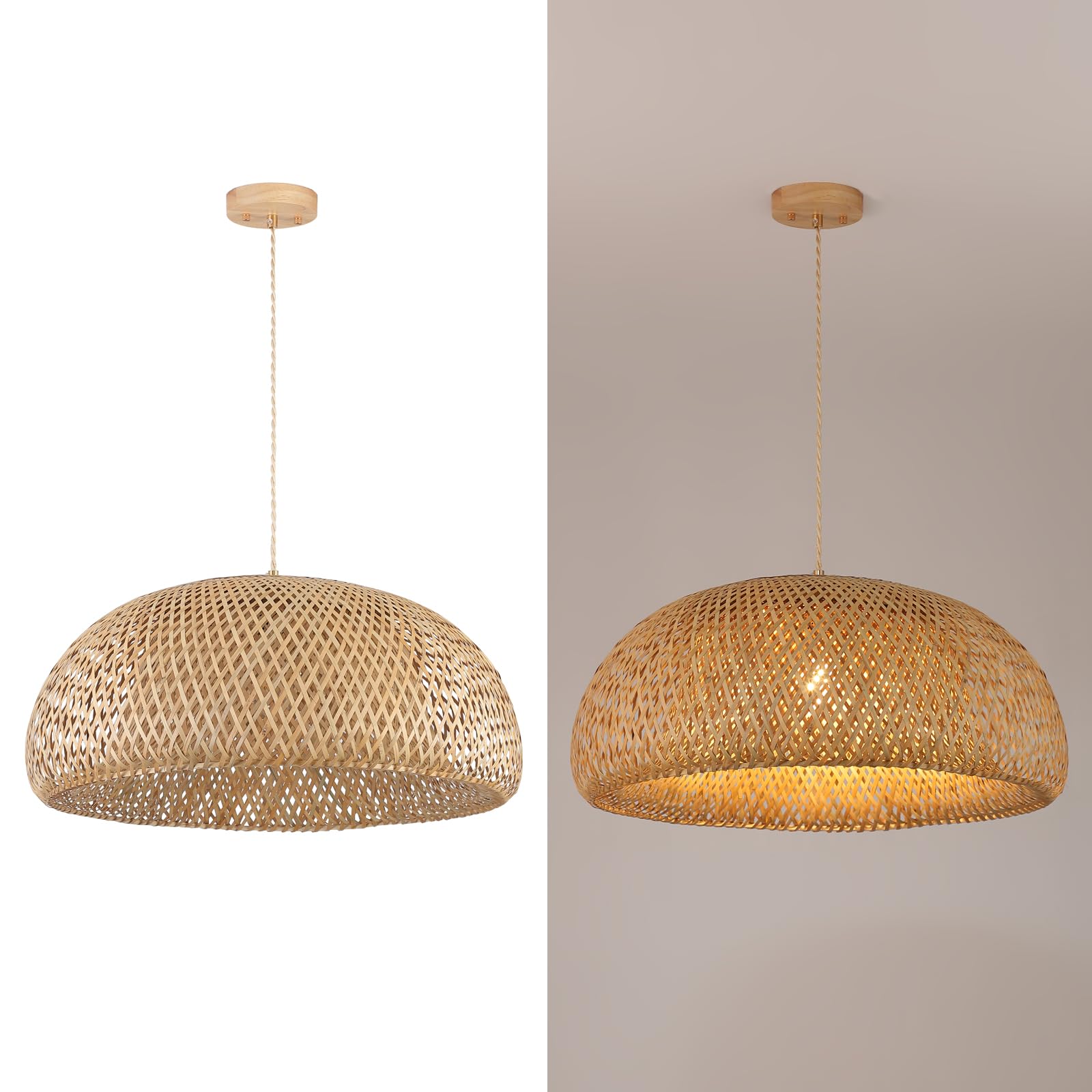 Hchunqjor Bamboo Pendant Light Fixture 23.6 inch One-Light Adjustable Rustic Basket Handmade X-Large Woven Pendant Lighting for Kitchen Island Farmhouse Dining Room Living Room