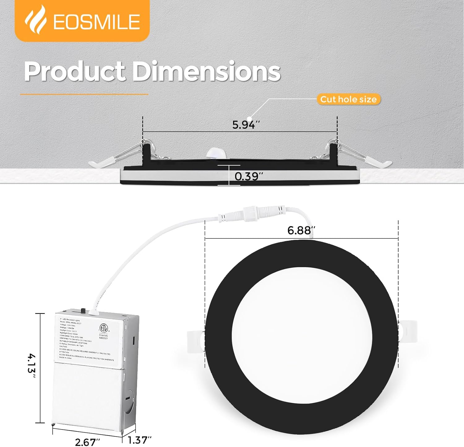6 Pack Black Recessed Lighting with Night Light 6 Inch, 2700K 3000K 3500K 4000K 5000K Selectable, Canless Wafer Light, 12W, 120V, 1100LM, Dimmable, ETL FCC