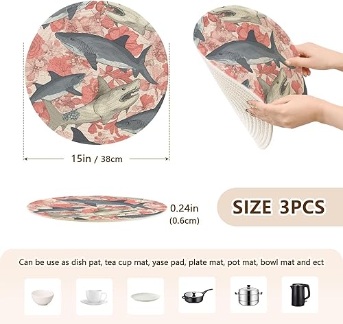 Miniatura 2 de Tapete de salvamanteles grande con patrón de tiburón y cuadros blancos y naranjas, 3 piezas, posavasos grandes, tapete de algodón para platos