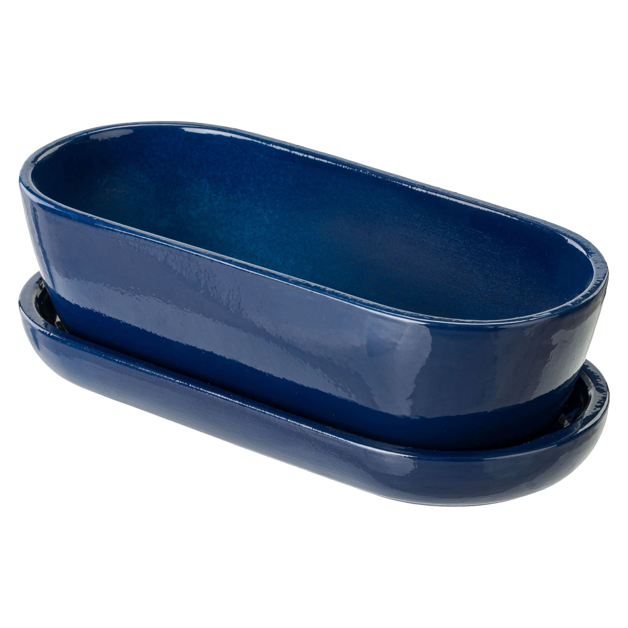 Botle Keramik-Blumentopf Orange Mit Untersetzer – Oval, 13 X 27,5 X 8 Cm, Matt-Oberfläche, Für Kakteen & Sukkulenten