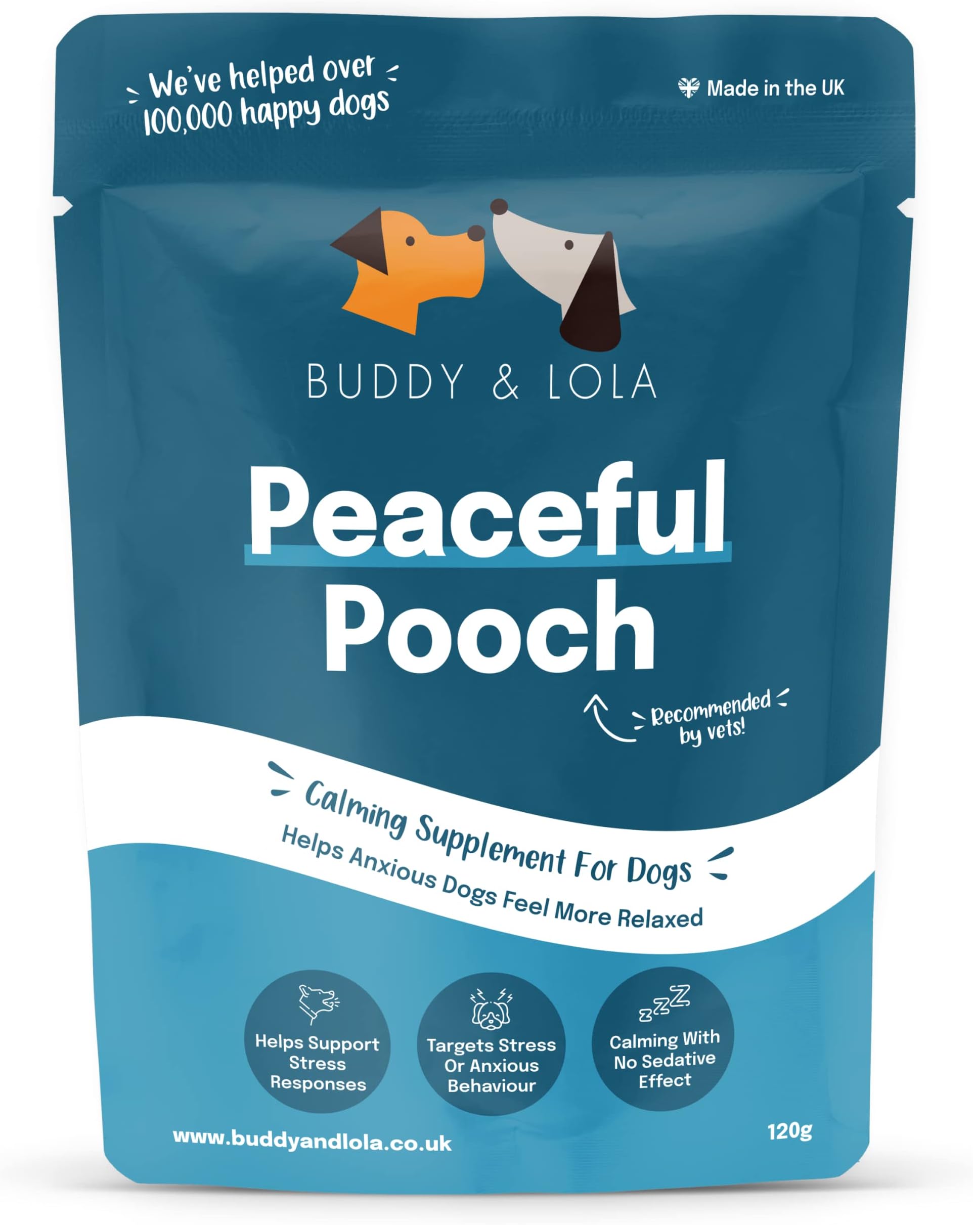 Buddy & Lola Peaceful Pooch Dog Calming Products - Perfect Remedy for Dog Anxiety relief - Easy to Use Powder, No Tablets, Spray or Plug in Needed Breeds - Great for Rescue or Re Homed Pets